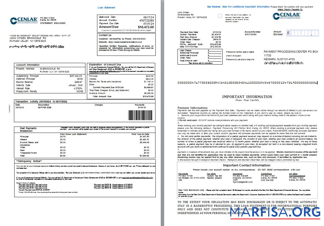Printable USA Central Loan Administration loan statement, 3 pages 1 2 scr sample